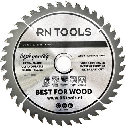 RNtools Cirkelzaagblad 165 x 20 mm - 40 tanden - voor Hout, Hardhout, Laminaat, MDF, Multiplex