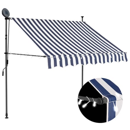 vidaXL - Luifel - handmatig - uitschuifbaar - met - LED - 150 - cm - blauw - en - wit