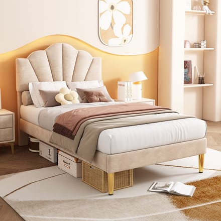HAUSS SPOLE Gestoffeerd Bed 90x200 cm - Schelpvormig Hoofdbord Met Verstelbare Hoogte - Zonder Matras - Fluweel - Beige