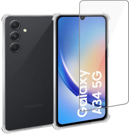 Geschikt voor Samsung A34 Hoesje + Screenprotector – Gehard Glas Cover + Shock Proof Case – Transparant