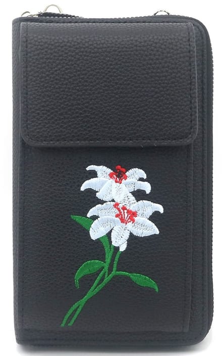 Schoudertas - PU - geborduurde bloemen - zwart - 18x10,5x5 cm