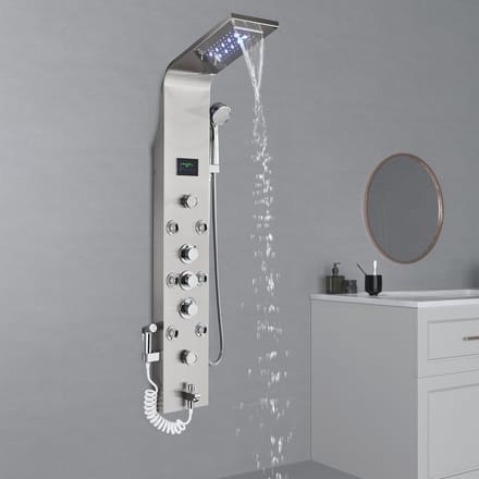 Badkamer Douchepaneel Torensysteem LED Temperatuur Display Body Massage Jets Douche Set Waterval Regendouche Hoofd 6 Functies Temperatuur Display