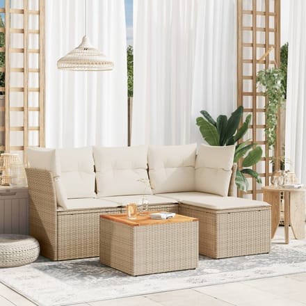 vidaXL - 5-delige - Loungeset - met - kussens - poly - rattan - beige