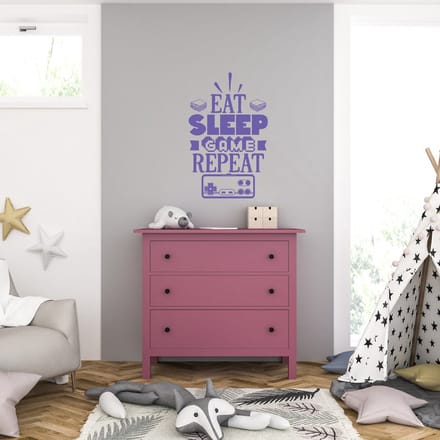 Muursticker - Eat Sleep Game Repeat - 46,4 x 73,6 - Paars