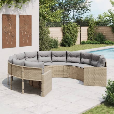 vidaXL - Tuinbank - met - kussens - rond - poly - rattan - beige