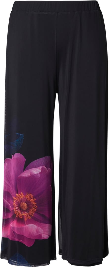 Ulla Popken - Dames - Chiffonbroek bloemen dubbellaags elastische tailleband - Zwart - Maat 54+