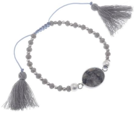 Behave - armband met grijze natuursteen en kwastjes - basic boho stijl