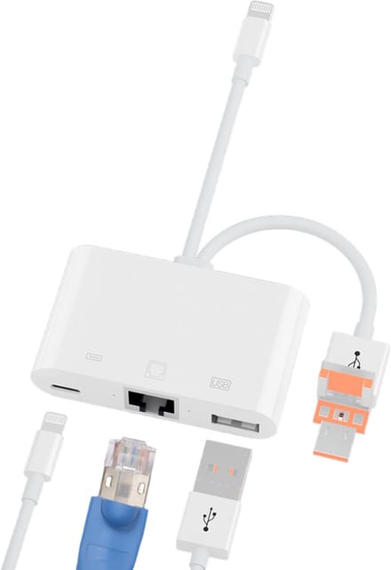 8-Pin + USB-C + USB naar 8-Pin + Ethernet (RJ45) + USB kaartlezer adapter kabel - Internet - geschikt voor o.a. iPhone en Laptop - wit