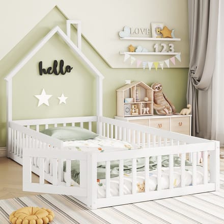 Kinderbed - 90x200 cm - Huisvorm met Schoorsteen - Met Lattenbodem - Grenenhout - Wit