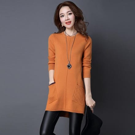 Dames Midilengte Pullover Trui Lente Herfst en Winter Koreaanse Versie van Los Eenvoudig Basis T-shirt met Zakken van Gebreide Trui Jurken One Size oranje