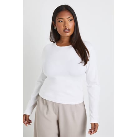boohoo Dames Plus Basic Lange Mouwen Getailleerde Langlijn Top | Wit | Maat: 44