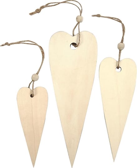 Houten decoraties, lang hart, H: 12+16+20 cm, dikte 5 mm, 3 stuk/ 1 doos