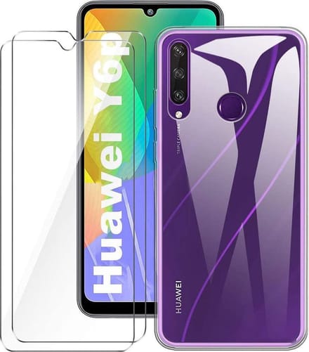 Huawei Y6p Hoesje Transparant  TPU Siliconen Soft Case + 2X Tempered Glass Screenprotector