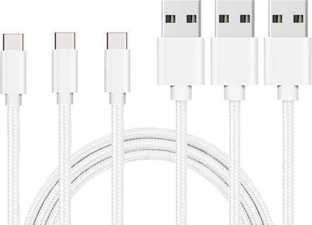 3x USB C naar USB A Nylon Gevlochten Kabel Zilver Wit - 1 meter - Oplaadkabel voor Honor Magic 5 / Magic 5 Lite / Magic 5 Pro / Magic 4 / Magic 4 Lite / Magic 4 Pro