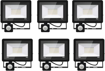 Set van 6 LED Buitenlamp met Bewegingsmelder 30W IP66 Koud Wit