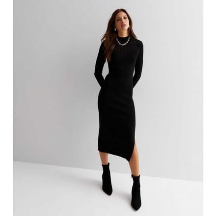 Ribgebreide Hoge Hals Bodycon Midi Jurk