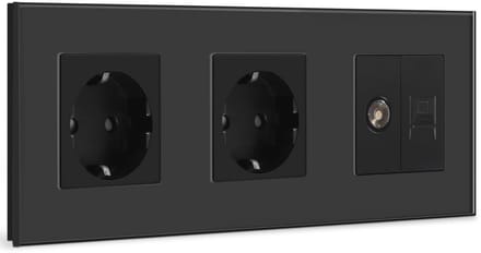 Schuko Wandcontactdoos met TV en Ethernet Aansluiting - Zwart Glas Paneel