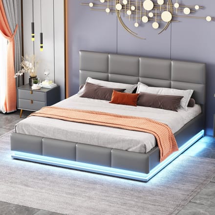 REDOM Bedframe 160x200 cm – Kunstleer grijs – Met LED-verlichting & hydraulische opbergruimte – Modern
