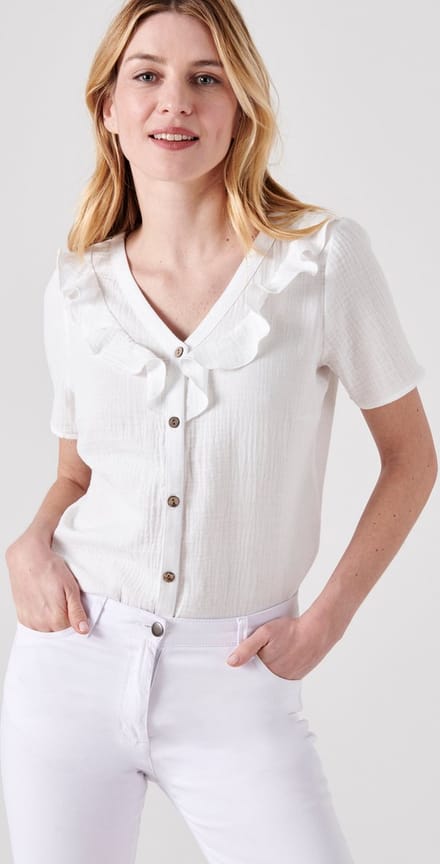Damart - Blouse met volants in tetrastof - Dames - Wit - 44