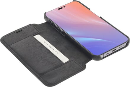 Minim Hoesje Wallet Book Case Echt Leer Zwart Geschikt voor Apple iPhone 14 Pro