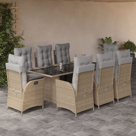 vidaXL - 9-delige - Tuinset - met - kussens - poly - rattan - gemengd - beige