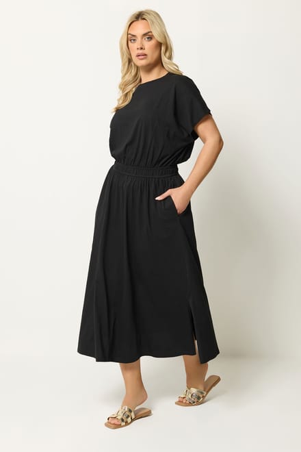 Yours Zwarte Maxijurk Met Elastische Taille Size 58-60
