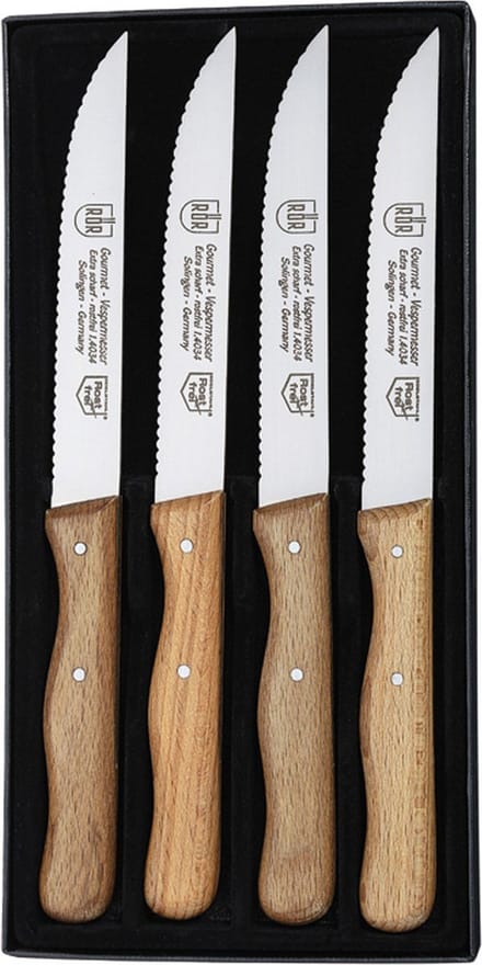 RÖR Solingen Steakmes – Vespermes – Gekarteld – RVS – Beukenhout – 4 delig