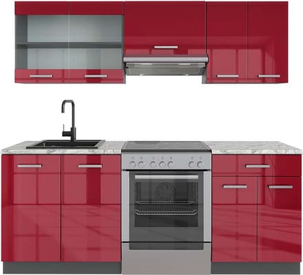 Vicco R-Line Complete keukeneenheid – 200 cm, WB Marmer Rood hoogglans/antraciet
