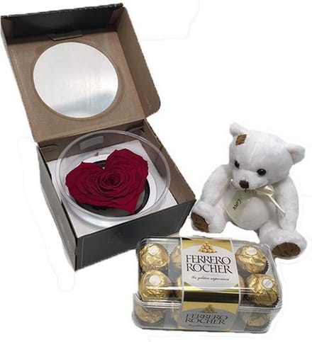 Rode rozen kop hartvorm + Ferrero + Knuffel wit (18 cm)