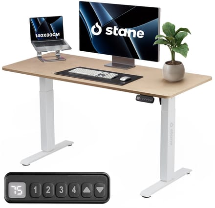 Stane Zit Sta Bureau Elektrisch Verstelbaar - Kabelgoot - 140 x 80 cm - Eiken Blad, Wit Frame