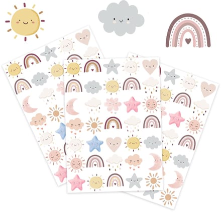 Regenbogen Stickers – 3 Stickervellen met Wolkjes & Zonnetjes