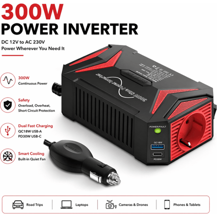 BESTEK 300W Pure Sinus Omvormer 12V Naar 230V Auto-adapter Met PD30W Type-C & QC3.0 USB