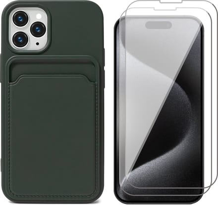 Hoesje Pasjeshouder geschikt voor iPhone 15 Pro - 2x Screenprotector GlassGuard - Siliconen Case Back Cover Groen & Screen Protector