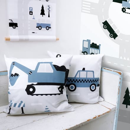 Sierkussen Graafmachine jeans blauw 40x40 tweezijdig met rits inclusief vulling voor kinderkamer