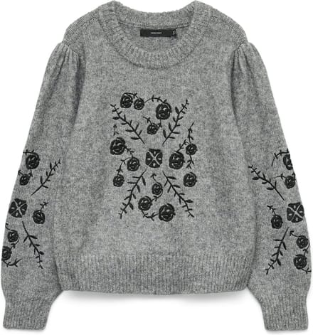 Vero Moda Trui Vmjuta Ls O-neck Embrodery Pullover 10334853 Medium Grey Mel/w. Black Dames Maat - M
