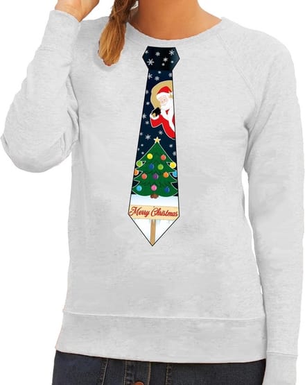 Bellatio Decorations Foute kersttrui - sweater - met stropdas kerst print - grijs - voor dames M