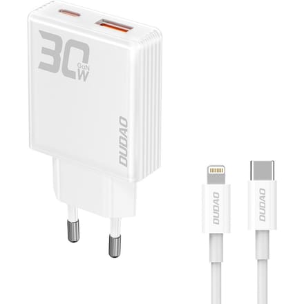 Dudao GaN A30EUL 30W USB-A / USB-C Wall Charger + USB-C - Lightning Cable - White