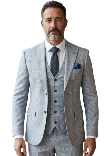 Herenpak in blauw ruitpatroon, driedelig, getailleerd, formeel pak