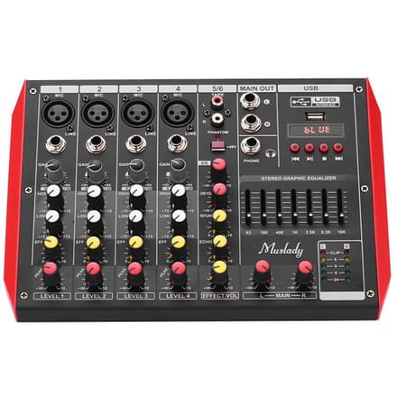 Muslady D6 Mixerconsole draagbaar met 6 kanalen Mixer EQ en 7 banden 6-Channel-US zwart
