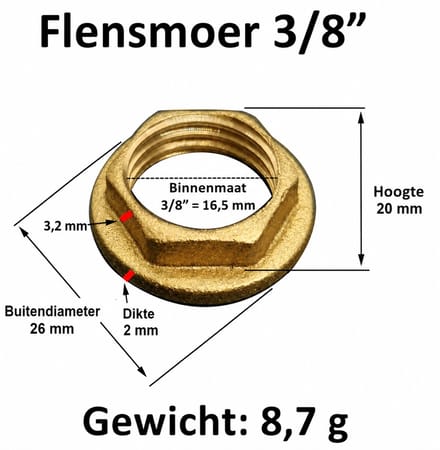 3/8 inch Messing flensmoer – stevig, corrosiebestendig en veelzijdig inzetbaar - (± 16,7 mm buitendraadmaat)