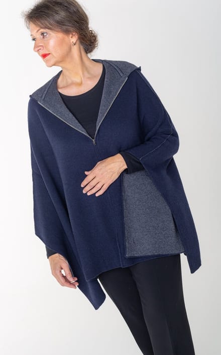 Dames poncho/cape met capuchon en rits, tweezijdig draagbaar, donkerblauw/grijs