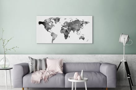 Wereldkaart zwart - grijs - wit - canvas | Wereldkaart Canvas Schilderij 100x50 cm