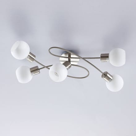 Lindby - plafondlamp - 5lichts - Metaal, glas - H: 15.5 cm - E14 - mat nikkel, opaalwit