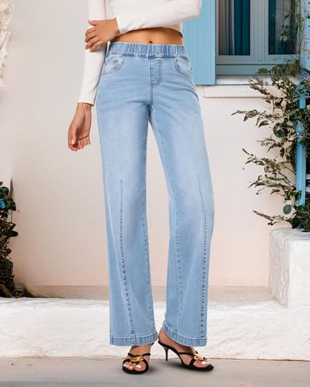 Dames Baggy Jeans met Elastische Taille - Hoge Taille & Wijde Pijpen