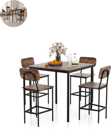 Bartafel keuken - Bartafel Set - Barkruk - Barstoel - Keukenstoel - Voetsteun - Rustiek bruin