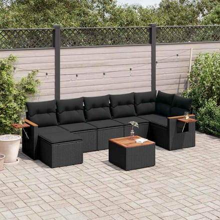 vidaXL - 8-delige - Loungeset - met - kussens - poly - rattan - zwart