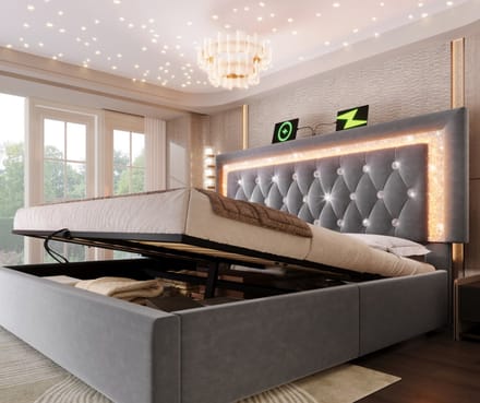 REDOM Opbergbed 160x200 cm – Fluweel – Hydraulisch – LED & USB/Type-C – Grijs – 300 kg