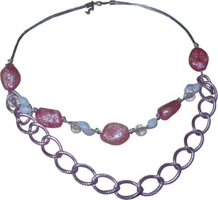 Ketting zilver met roze schakels en diverse kleuren steentjes