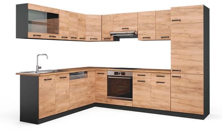 Vicco Hoekkeuken R-Line, Goudkleurig Eiken/Antraciet, 287 x 227 cm, WB Eik