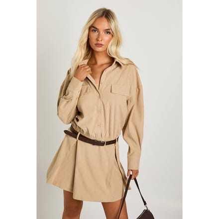 boohoo Dames Cord Blouson Shirt Mini-jurk | Stone | Maat: 8